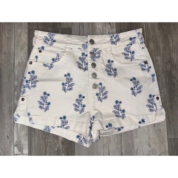 Pilcro and the Letterpress Pants - Pilcro Denim Shorts Womens White Blue Botanical Palm Print High Rise 29